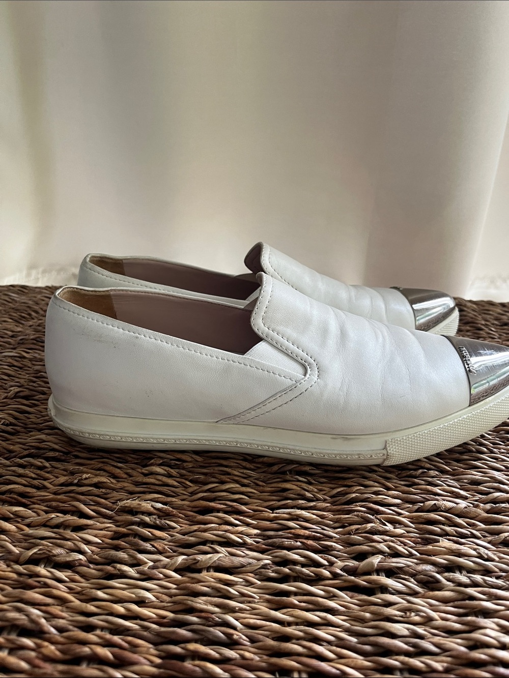 Women’s Miu Miu White/Cream Leather Slip-Ons with Silver Cap Toes - Picture 8 of 13